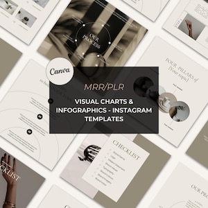 Modelos de gráficos, listas e diagramas, gráficos visuais estéticos e infográficos para Instagram, modelos editáveis do Canva com direitos de revenda master