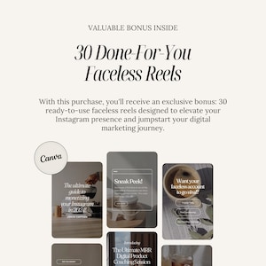 K&ouml;nnte beinhalten: Ein Screenshot einer Website, die 30 vorgefertigte, gesichtslose Instagram-Reels bewirbt. Die Website zeigt das Canva-Logo und ein Raster mit sechs verschiedenen Reel-Vorlagen. Der Text auf der Website lautet "30 vorgefertigte, gesichtslose Reels" und "Mit diesem Kauf erhalten Sie einen exklusiven Bonus: 30 gebrauchsfertige, gesichtslose Reels, die entwickelt wurden, um Ihre Instagram-Pr&auml;senz zu verbessern und Ihren digitalen Marketing-Weg zu starten."