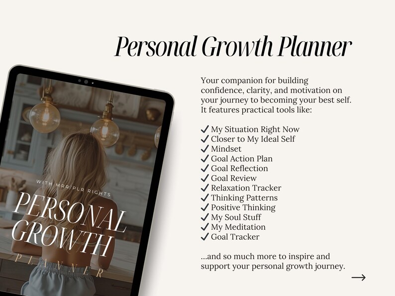 May include: A digital planner on a tablet screen with the title "Personal Growth Planner" and a list of features including "My Situation Right Now", "Closer to My Ideal Self", "Mindset", "Goal Action Plan", "Goal Reflection", "Goal Review", "Relaxation Tracker", "Thinking Patterns", "Positive Thinking", "My Soul Stuff", "My Meditation", and "Goal Tracker".