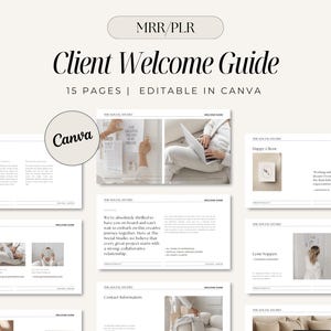 Guide de bienvenue pour nouveau client, modèle de paquet de bienvenue client esthétique, DPP MRR, usage personnel et commercial, produit numérique DPP, modèle Canva