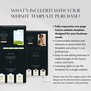 May include: A black and white image of a website template for a business. The template is designed for Canva and features a one-page layout. The text on the template reads "Empowering Individuals to Achieve Success".