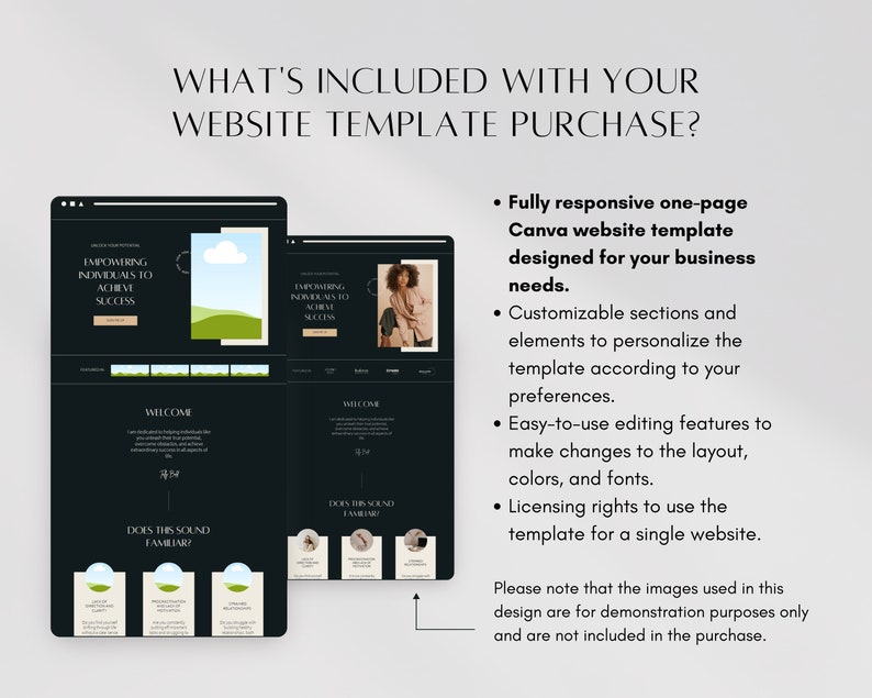 May include: A black and white image of a website template for a business. The template is designed for Canva and features a one-page layout. The text on the template reads "Empowering Individuals to Achieve Success".
