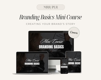 Puede incluir: Una maqueta de un mini curso sobre los fundamentos de la creación de marca en una computadora de escritorio, una computadora portátil y un teléfono. El título del curso es "Branding Basics Mini Course: Creating Your Brand's Story". El curso se presenta sobre un fondo negro con texto blanco. El logotipo de Canva es visible en la esquina superior derecha de la imagen.