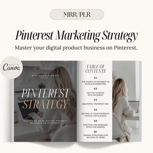 Op de afbeelding: Een zwart-witte digitale productgids met de titel "Pinterest Strategy: Mastering Your Digital Product Business on Pinterest." De gids bevat een inhoudsopgave met zes secties: De kracht van Pinterest in faceloos marketing, Aan de slag met Pinterest, Pinterest SEO beheersen, Je Pinterest-profiel instellen voor succes, Effectieve borden maken en beheren, en Pinning-strategieën voor miljoenen views.