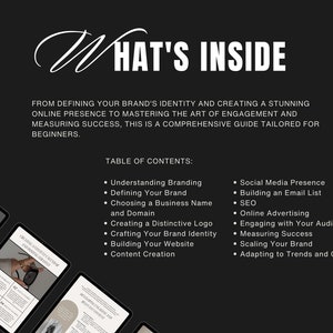 May include: A dark grey graphic with white text reading "WHAT'S INSIDE". The image lists topics including branding, social media, and website building. Several tablets are visible in the image.