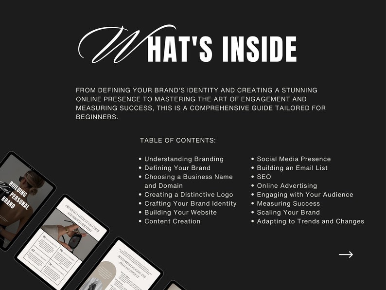 May include: A dark grey graphic with white text reading "WHAT'S INSIDE". The image lists topics including branding, social media, and website building. Several tablets are visible in the image.