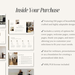 May include: A digital product mockup showcasing 150 pages of customizable slide deck templates. The pages feature a minimalist design with a neutral color palette and include text such as "Improve Your Topic with Us", "Developing a Strong Client Funnel", and "Goals".
