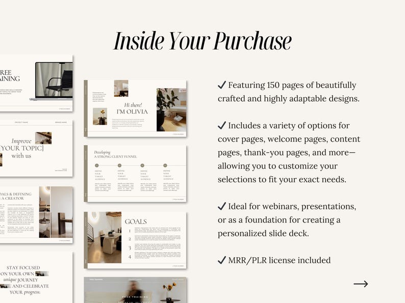 May include: A digital product mockup showcasing 150 pages of customizable slide deck templates. The pages feature a minimalist design with a neutral color palette and include text such as "Improve Your Topic with Us", "Developing a Strong Client Funnel", and "Goals".