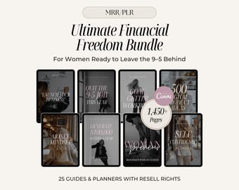 Puede incluir: Imagen de un paquete de productos digitales titulado "Ultimate Financial Freedom Bundle" con el texto "For Women Ready to Leave the 9-5 Behind." El paquete incluye 25 guías y planificadores con derechos de reventa. También incluye el texto "1.450+ Páginas."