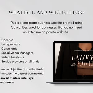 May include: A laptop computer displaying a website with a black background and white text that reads "UNLOCK the POWER". The website is designed for businesses that do not need an extensive corporate website.