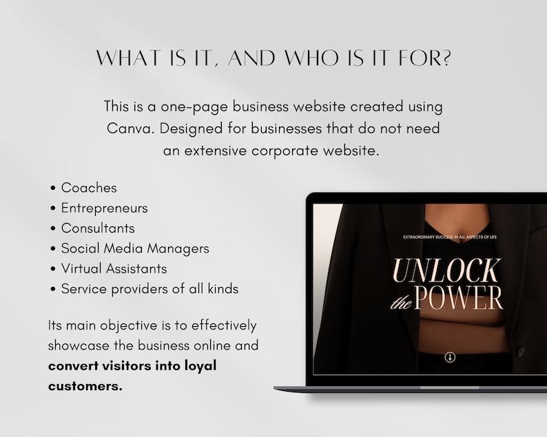 May include: A laptop computer displaying a website with a black background and white text that reads "UNLOCK the POWER". The website is designed for businesses that do not need an extensive corporate website.