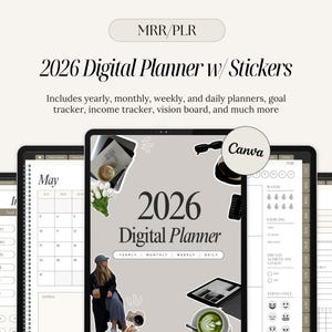 Könnte beinhalten: Ein digitaler Planer für 2026 mit Stickern, dargestellt auf mehreren Tablets. Der Planer enthält Jahres-, Monats-, Wochen- und Tagesansichten. Das Design ist neutral mit dem Text "2026 Digital Planner w/ Stickers".