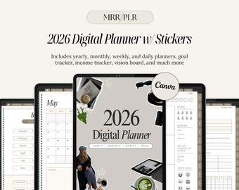 2026 Digital Planner With Stickers Daily Weekly Monthly Planner Vision Board Income Tracker Hyperlinked Goodnotes Notability Canva MRR PLR