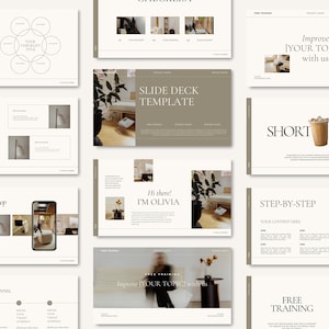 Puede incluir: Un conjunto de diapositivas para una presentación empresarial. Las diapositivas presentan una paleta de colores neutros con tonos marrones y beige. Las diapositivas incluyen texto como "Plantilla de diapositivas", "Mejora tu tema", "Descanso breve", "Paso a paso", "Capacitación gratuita", "Nuevo en la tienda", "Sesión de preguntas frecuentes" y "Desarrollar un embudo de clientes sólido".