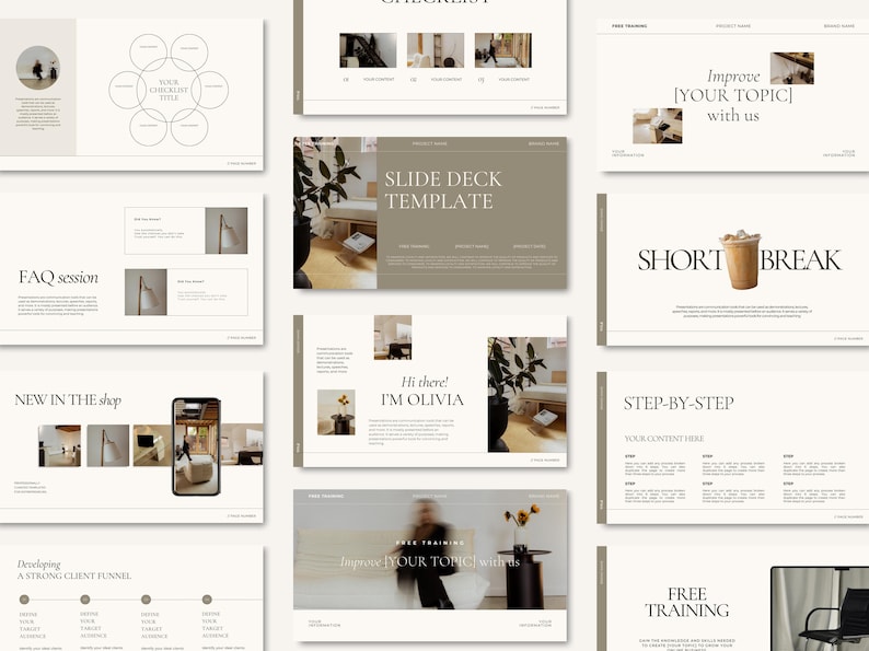May include: A slide deck template with a beige background and the text "Slide Deck Template" in a brown font. The template includes slides for a FAQ session, new products, a step-by-step guide, and a short break.