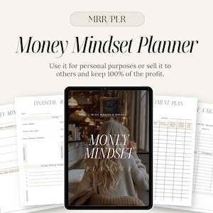 May include: A digital planner titled "Money Mindset Planner" with a woman in the background. The planner includes sections for financial records, a payment plan, and an "at a glance" section.