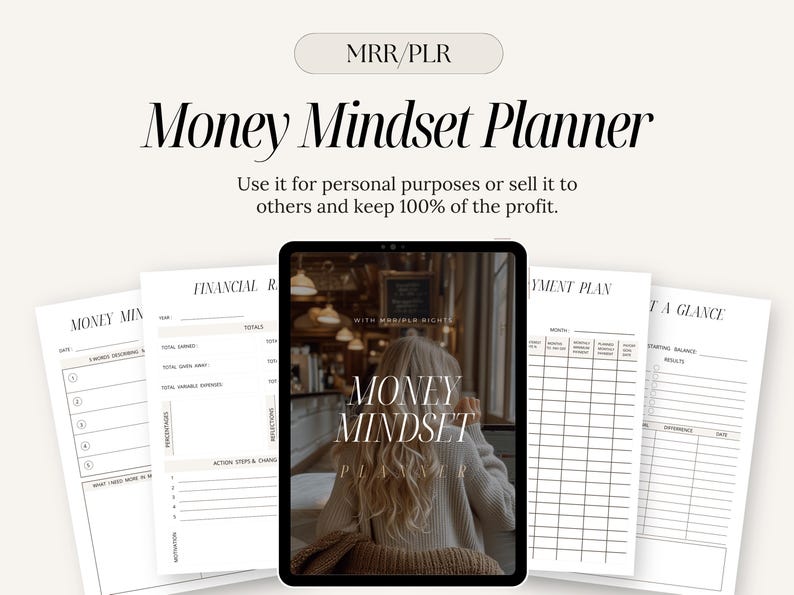 May include: A digital planner with the title "Money Mindset Planner" with a woman in the background. The planner includes sections for financial records, a payment plan, and a "at a glance" section.