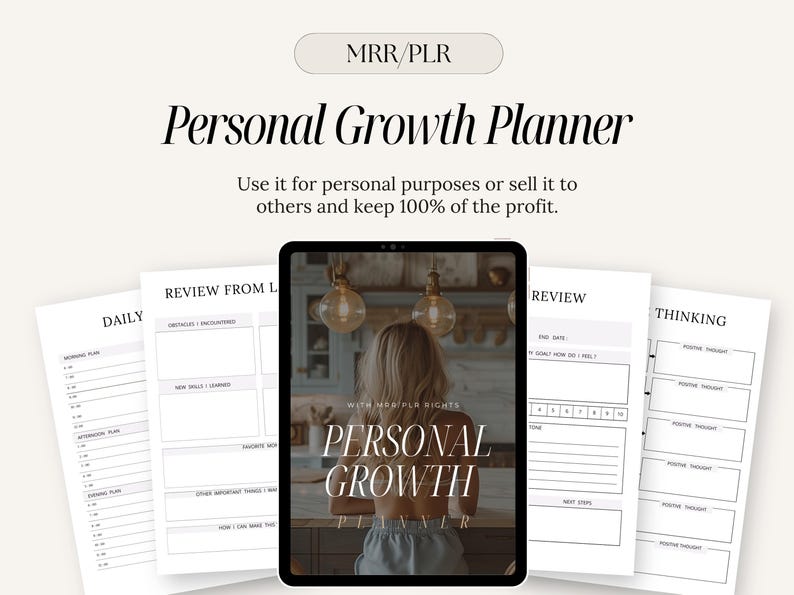 May include: A digital planner with the text "Personal Growth Planner" on the cover. The planner includes sections for daily, review from last week, review, and thinking.