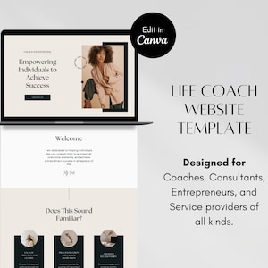 May include: A laptop computer screen displaying a website template for life coaches, consultants, entrepreneurs, and service providers. The website template features a minimalist design with a black and white color scheme. The text on the screen reads "Life Coach Website Template" and "Designed for Coaches, Consultants, Entrepreneurs, and Service Providers of all kinds."