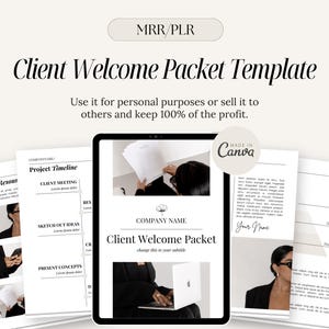 Peut inclure: Un modèle numérique de trousse de bienvenue pour les clients. Le modèle comprend un calendrier de projet, une section pour esquisser des idées et une section pour présenter des concepts. Le modèle est réalisé avec Canva et est disponible pour un usage personnel ou à la vente.