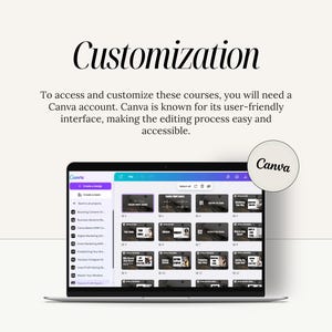 May include: A laptop screen showing the Canva interface with course thumbnails. The word "Customisation" is at the top, with text below explaining the need for a Canva account. A Canva logo is in a circle.