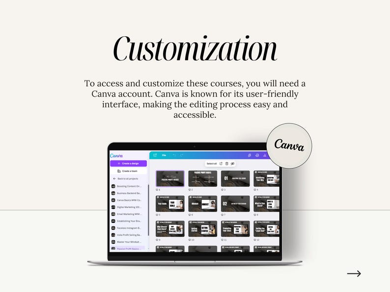 May include: A laptop screen showing the Canva interface with course thumbnails. The word "Customisation" is at the top, with text below explaining the need for a Canva account. A Canva logo is in a circle.