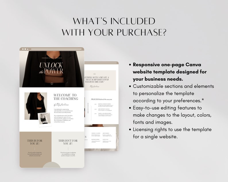 May include: A screenshot of a website template designed for Canva. The template is a one-page website with a minimalist design. The text on the page includes "Unlock the Power", "Welcome to the Coaching", and "This is for you if".
