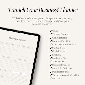 K&ouml;nnte beinhalten: Ein digitales Tablet zeigt eine Business-Planer-Vorlage mit dem Titel "opening my business". Der Planer enth&auml;lt Abschnitte f&uuml;r Gesch&auml;ftsideen, Beschreibung, Hauptprodukte/Dienstleistungen, Lizenzen und Genehmigungen, lokale Einheit, Bankwesen, Notizen und mehr. Der Text "Launch Your Business" Planner wird &uuml;ber dem Tablet angezeigt.
