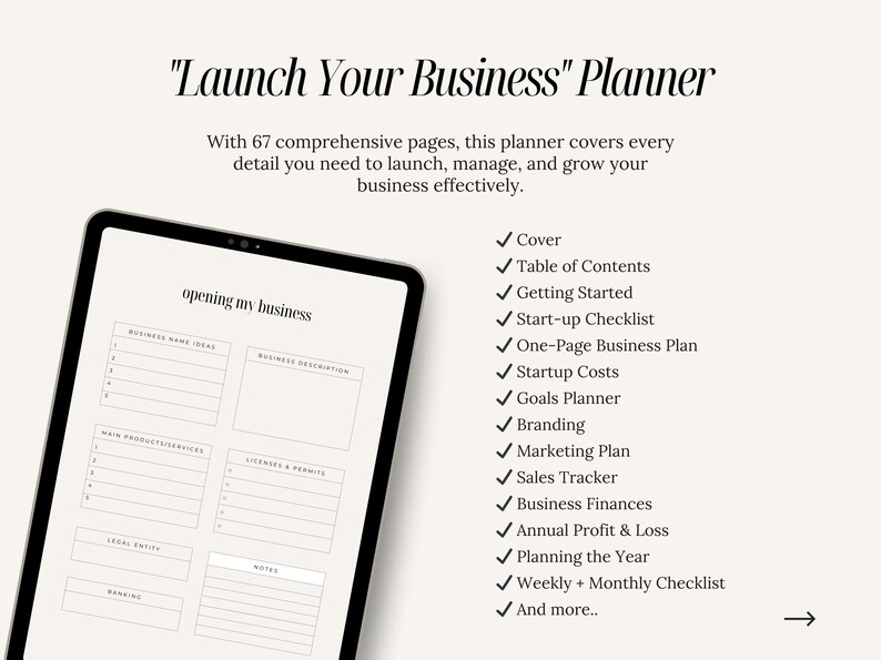 K&ouml;nnte beinhalten: Ein digitales Tablet zeigt eine Business-Planer-Vorlage mit dem Titel "opening my business". Der Planer enth&auml;lt Abschnitte f&uuml;r Gesch&auml;ftsideen, Beschreibung, Hauptprodukte/Dienstleistungen, Lizenzen und Genehmigungen, lokale Einheit, Bankwesen, Notizen und mehr. Der Text "Launch Your Business" Planner wird &uuml;ber dem Tablet angezeigt.