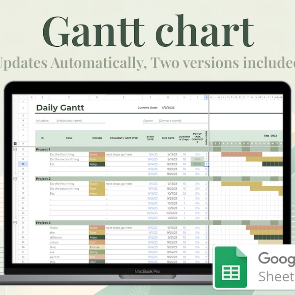 Gantt Chart Template (updates automatically, daily and weekly view included, easily change dates, durations and colors)