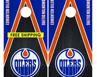 Écharpe cornhole en bois foncé pour hockey d'Edmonton (2 pièces) | Stickers cornhole | Livraison gratuite | Personnalisation gratuite | Emballages cornhole personnalisés