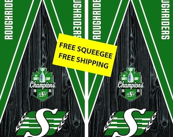 GREY CUP Saskatchewan Roughriders Cornhole Wrap dark wood (2pc) |  Free Shipping | Free Customization | Custom Cornhole Wraps