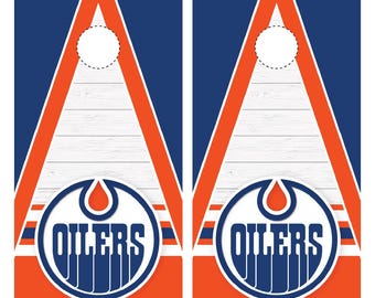 Edmonton hockey Dark wood Cornhole Wrap (2pc) | Cornhole Decals | Free Shipping | Free Customization | Custom Cornhole Wraps