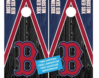 Boston Red Socks Baseball Dark Wood Cornhole Wrap (2pc) | Cornhole Decals | Free Shipping | Free Customization | Custom Cornhole Wraps