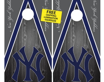New York Yankees Baseball Dark Wood Cornhole Wrap (2pc) | Cornhole Decals | Free Shipping | Free Customization | Custom Cornhole Wraps