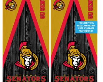 Ottawa Senators hockey Cornhole Wrap dark wood (2pc) | Cornhole Decals | Free Shipping | Free Customization | Custom Cornhole Wraps