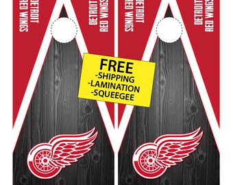 Detroit Red Wings Hockey Cornhole Wrap Dark Wood (2pc) | Cornhole Decals | Free Shipping | Free Customization | Custom Cornhole Wraps