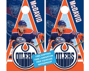 Connor McDavid Hockey d'Edmonton Cornhole Wraps (2 pièces) | Stickers cornhole | Livraison gratuite | Personnalisation gratuite | Emballages cornhole personnalisés