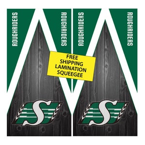 May include: A design featuring the Saskatchewan Roughriders logo, with a green and white color scheme, set against a wood-grain background. The text "ROUGHRIDERS" is displayed vertically. A yellow rectangle reads "FREE SHIPPING LAMINATION SQUEEGEE".
