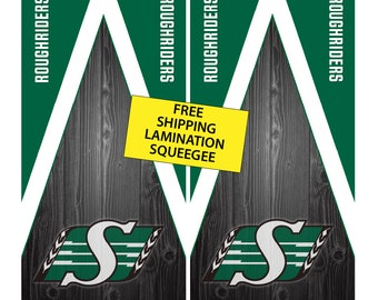 Saskatchewan Roughriders Cornhole Wrap dark wood (2pc) | Cornhole Decals | Free Shipping | Free Customization | Custom Cornhole Wraps