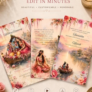 May include: A digital wedding invitation template featuring three vertical cards with watercolor illustrations of Radha and Krishna in a boat on a river. The text includes Wedding Ceremony, Samishka, and Manish, with floral accents and customizable fields for event details.