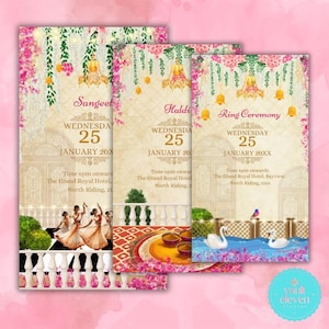May include: Three wedding invitation cards with floral and gold accents. Each card features event names: Sangeet, Haldi, and Ring Ceremony. The cards include dates, times, and venue details, with decorative elements like dancers, swans, and floral arrangements.