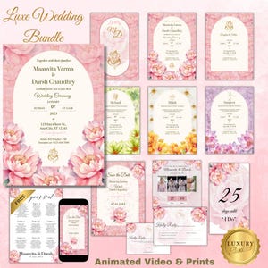 Könnte beinhalten: Ein rosafarbenes und goldenes Hochzeits-Einladungsset mit floralen Designs. Das Set enthält eine Save-the-Date-Karte, eine RSVP-Karte, eine Einladung zur Hochzeitszeremonie und andere Karten. Der Text auf den Karten lautet "Maanvita Varma & Darsh Chaudhry".