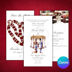 May include: Wedding invitation with a red and gold garland design. The invitation includes the names Niven Govender and Thirusha Chetty, and the date August 4, 20xx. The invitation also includes details about the reception, which will be held at The Great Indian Ballroom in Bayview Lane, Canada, from 11am to 2pm.