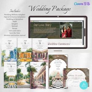 May include: A wedding package graphic with a tablet displaying a website template and various invitation templates. The templates include Wedding & Reception, Haldi, Sangeet, Mehndi, Baraat, Save the Date, and more. The design features a Canva logo.