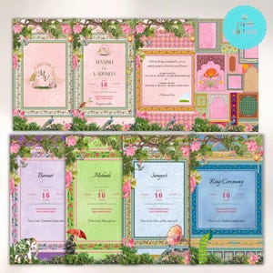 Pode incluir: Um conjunto de cartões de convite de casamento coloridos com desenhos florais e de pavão. Os cartões apresentam texto para vários eventos de casamento, incluindo "Baraat", "Mehndi" e "Ring Ceremony". A paleta de cores inclui rosa, verde e azul.