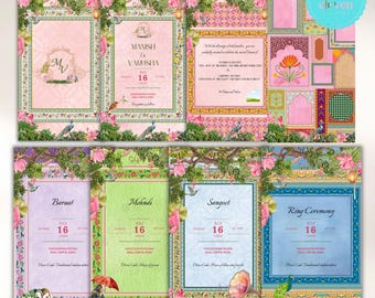 May include: A collection of colorful wedding invitation cards with floral and peacock designs. The cards feature text for various wedding events, including "Baraat," "Mehndi," and "Ring Ceremony." The color palette includes pink, green, and blue.