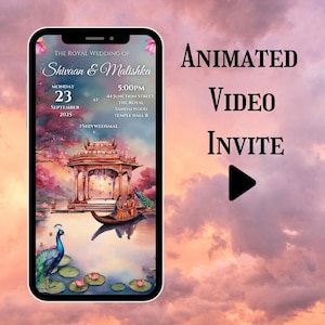 May include: A digital wedding invitation with a pink and orange sunset sky background. The invitation features a peacock, a couple in a boat, and a traditional Indian wedding mandap. The text reads "The Royal Wedding of Shivaan & Malishka" and includes the date, time, and location of the wedding. The invitation also includes the hashtag #SHIVWEDSMAL.