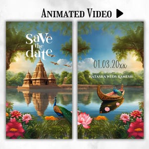 Pode incluir: Convite de casamento "Save the date" com uma ilustração colorida de um templo refletido em um lago com pavões e flores. A data é 01.03.20xx e os nomes Natasha Weds Ramesh estão escritos abaixo.