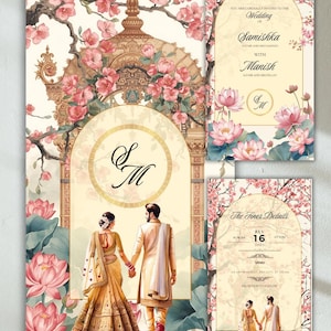 Op de afbeelding: Trouwuitnodigingssuite met een stel in traditionele kleding, hand in hand, tegen een bloemrijke en architecturale achtergrond. De uitnodiging bevat de namen Samishka en Manish, met evenementdetails. Het ontwerp bevat roze bloemen en gouden accenten.